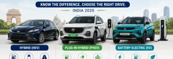 Comparison graphic showing the difference between Hybrid (HEV), Plug-in Hybrid (PHEV) and Electric Vehicles (EV) in India with charging, fuel and usage comparison.