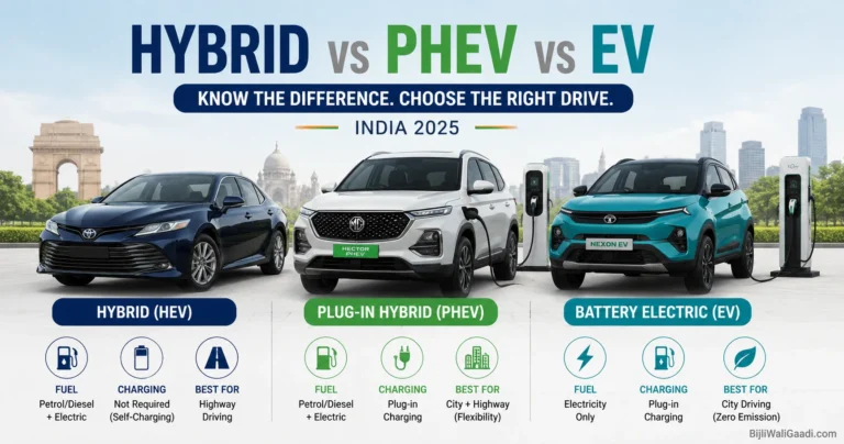 Comparison graphic showing the difference between Hybrid (HEV), Plug-in Hybrid (PHEV) and Electric Vehicles (EV) in India with charging, fuel and usage comparison.