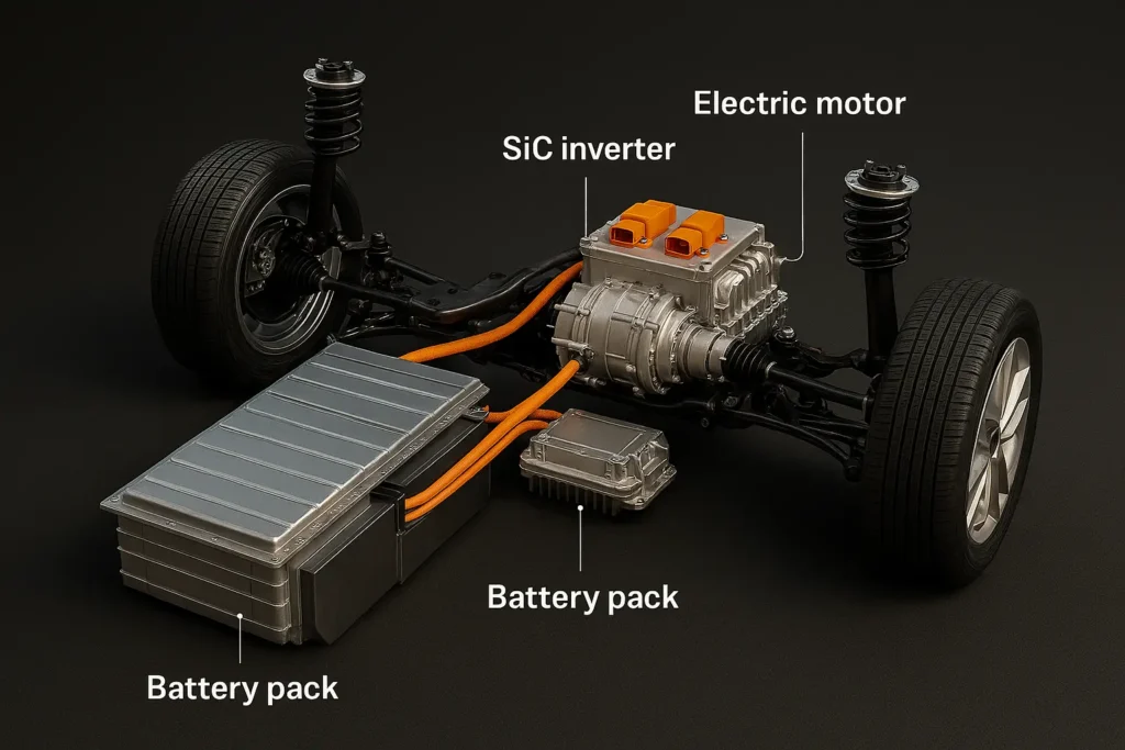 Cutaway of an electric vehicle showing an SiC + 800V battery pack, inverter, and integrated e‑axle motor