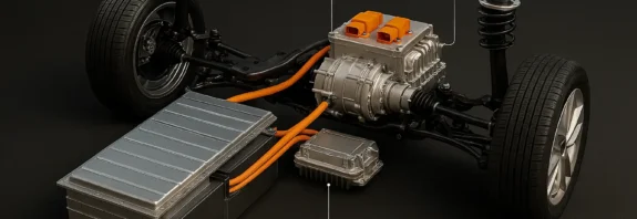 Cutaway of an electric vehicle showing an 800V battery pack, SiC traction inverter, and integrated e‑axle motor