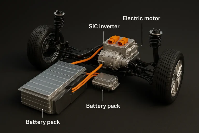 Cutaway of an electric vehicle showing an 800V battery pack, SiC traction inverter, and integrated e‑axle motor