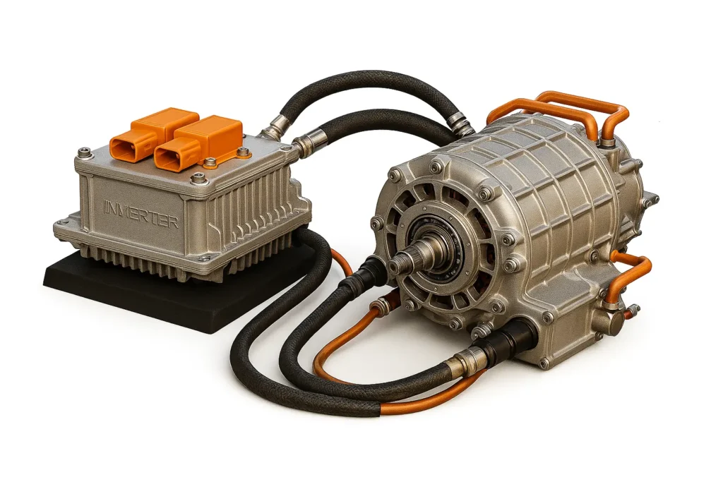 Axial‑flux electric motor and compact SiC inverter e‑axle module on a studio bench with cooling lines and HV connectors
