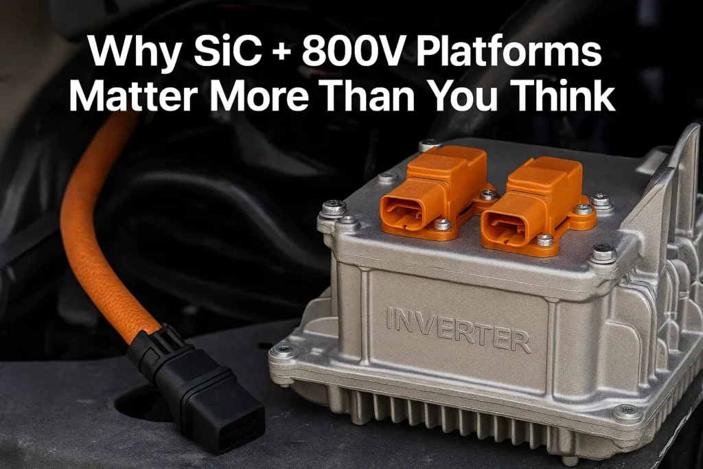 Close‑up of a Silicon Carbide (SiC) EV traction inverter with high‑voltage orange connectors on an 800V platform