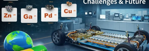 EV Battery Recycling in India showing lithium-ion battery components, EV chassis, and recycling concept in a modern lab setup