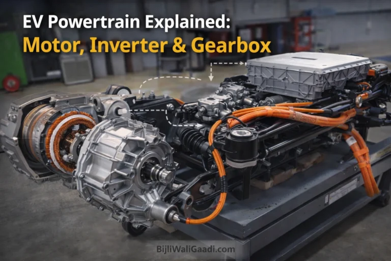 Electric vehicle powertrain showing motor, inverter, and gearbox integrated in an e-axle system used in modern EVs