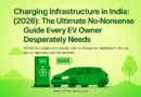 Illustration of an electric car charging at a green EV charging station in daylight, with trees, clouds, and a battery icon, shown in a light‑green theme. The bottom center includes the website www.BijliWaliGaadi.com in small gray text.
