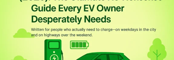 Illustration of an electric car charging at a green EV charging station in daylight, with trees, clouds, and a battery icon, shown in a light‑green theme. The bottom center includes the website www.BijliWaliGaadi.com in small gray text.