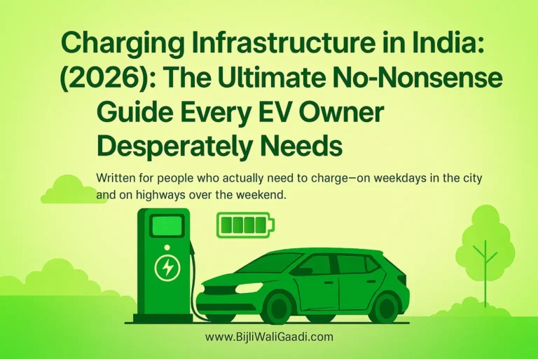 Illustration of an electric car charging at a green EV charging station in daylight, with trees, clouds, and a battery icon, shown in a light‑green theme. The bottom center includes the website www.BijliWaliGaadi.com in small gray text.