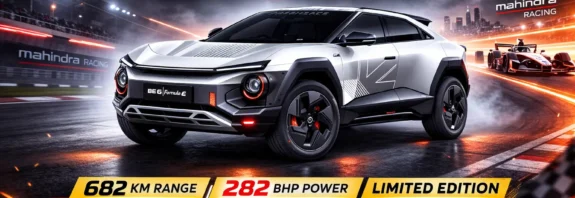 Mahindra BE 6 Formula E Edition electric SUV displayed on a racetrack‑inspired background with highlights showing 682 km range, 282 bhp power, 79 kWh battery, fast charging, 20‑inch alloy wheels, and exclusive motorsport perks