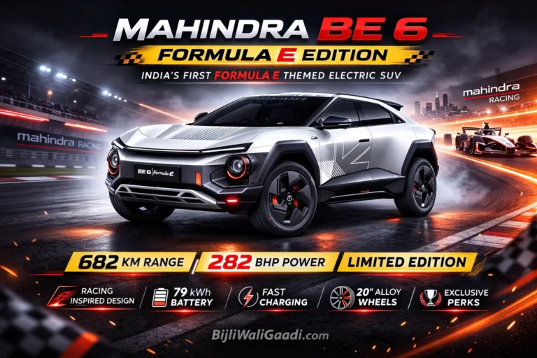 Mahindra BE 6 Formula E Edition electric SUV displayed on a racetrack‑inspired background with highlights showing 682 km range, 282 bhp power, 79 kWh battery, fast charging, 20‑inch alloy wheels, and exclusive motorsport perks