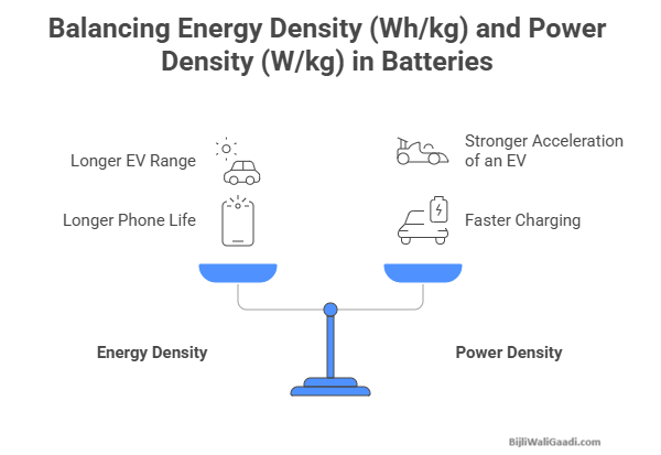 Difference between EV Battery Energy Density (Wh/kg) and Power Density (W/kg). Explained by BijliWaliGaadi.com