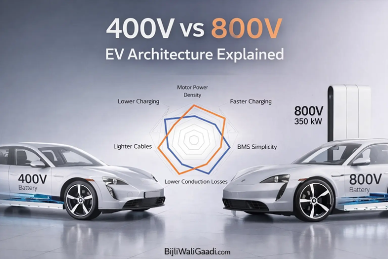 Illustration showing the difference between 400V and 800V electric vehicle architectures, highlighting charging speed, cable size, efficiency, and battery design.