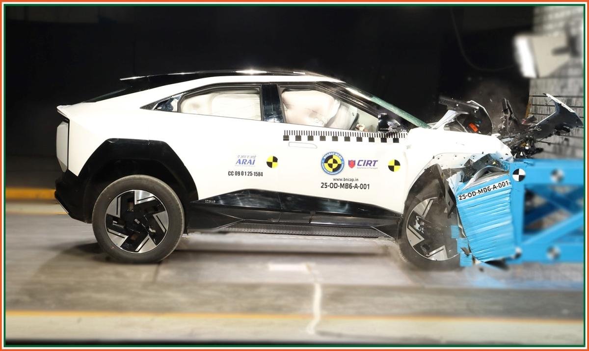 Mahindra BE 6 Bharat NCAP crash test image for Mahindra BE 6 vs MG Windsor EV vs Hyundai Creta Electric 2026 safety and mid-size EV comparison India