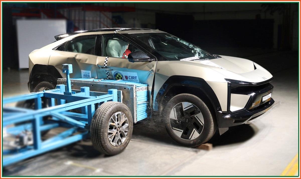 Mahindra BE 6 Bharat NCAP crash test image for Mahindra BE 6 vs MG Windsor EV vs Hyundai Creta Electric 2026 safety and mid-size EV comparison India
