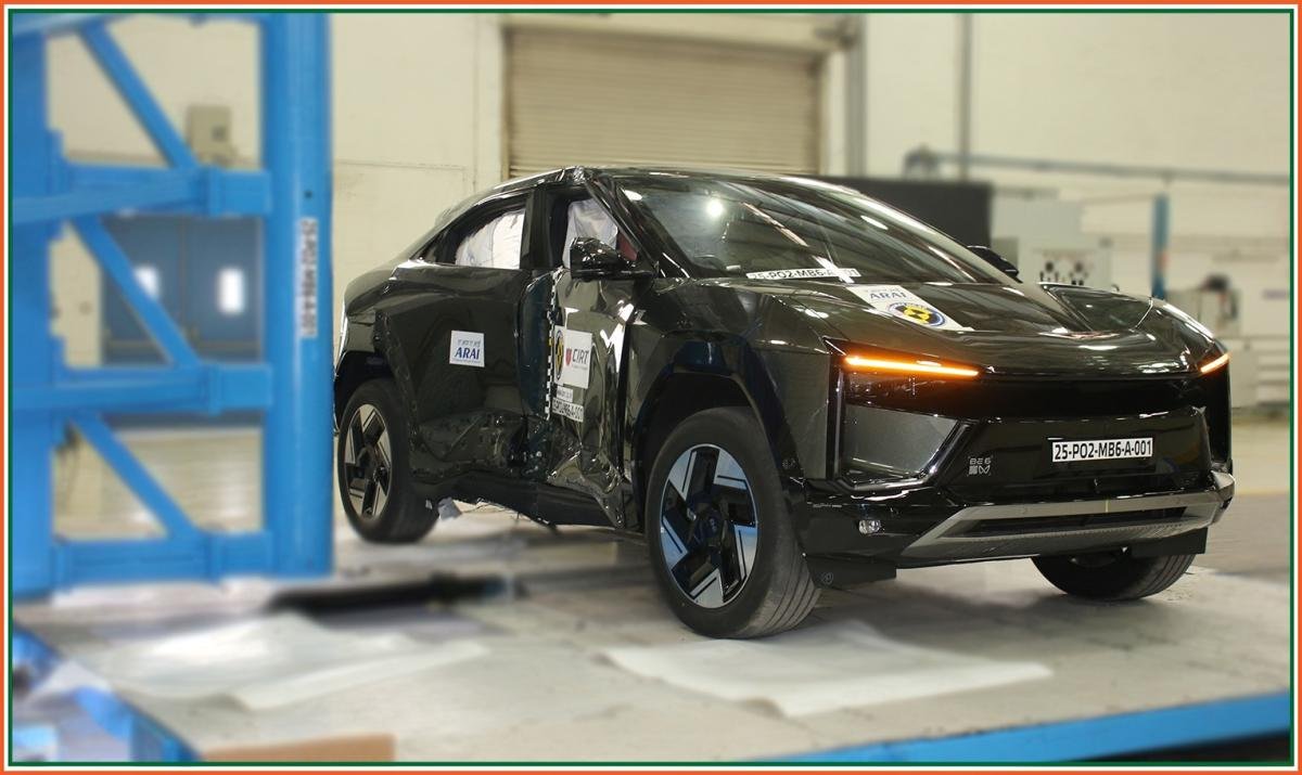Mahindra BE 6 Bharat NCAP crash test image for Mahindra BE 6 vs MG Windsor EV vs Hyundai Creta Electric 2026 safety and mid-size EV comparison India
