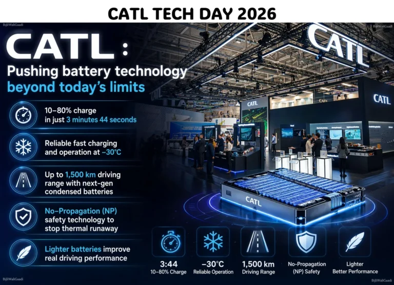 CATL battery technology showcase with 3 minute fast charging, 1500 km EV range, -30°C performance and no propagation safety system