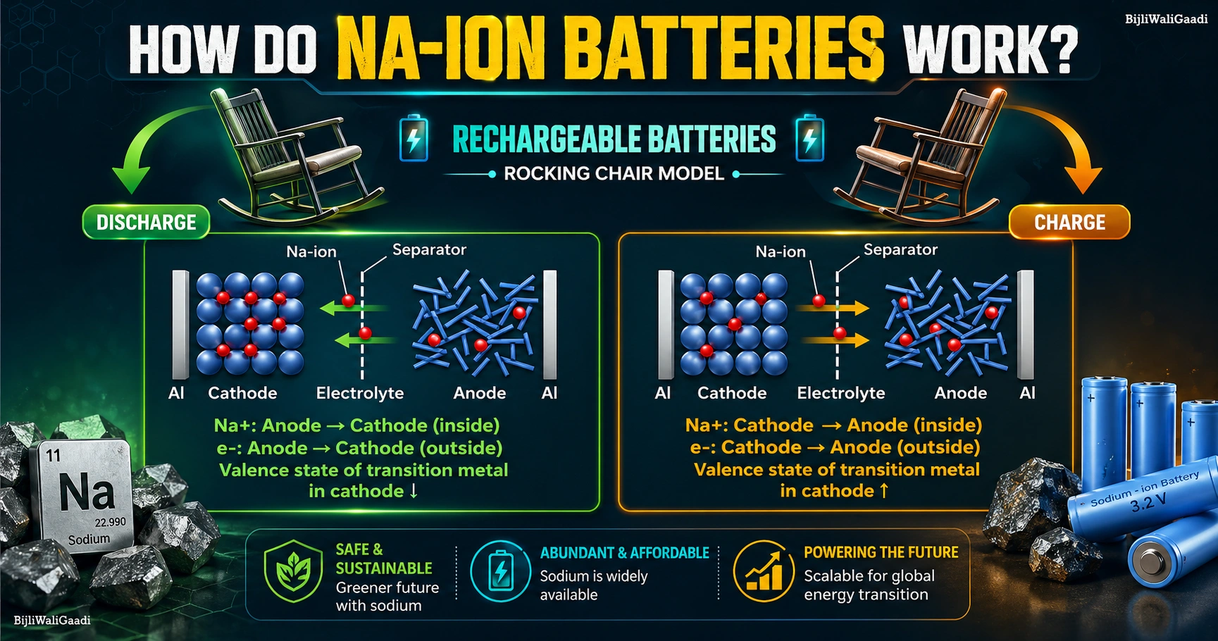Infographic explaining how sodium-ion batteries work, showing charge and discharge process with cathode, anode, and electrolyte in a modern dark-themed design