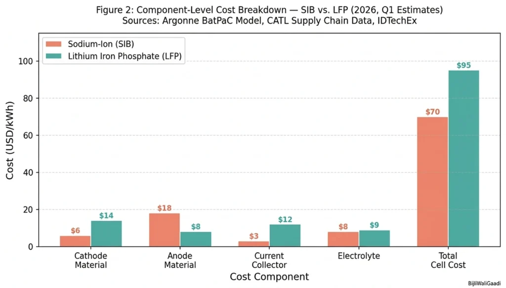 Sodium-ion Battery, Component-Level Cost Breakdown — SIB vs LFP per kWh