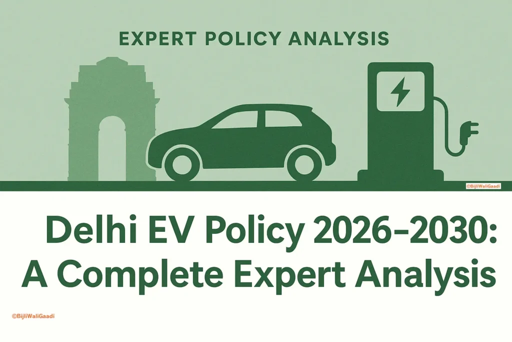 Illustration of Delhi EV Policy 2026–2030 showing an electric car, EV charging station, and India Gate symbolising Delhi’s clean mobility transition