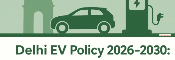 Illustration of Delhi EV Policy 2026–2030 showing an electric car, EV charging station, and India Gate symbolising Delhi’s clean mobility transition