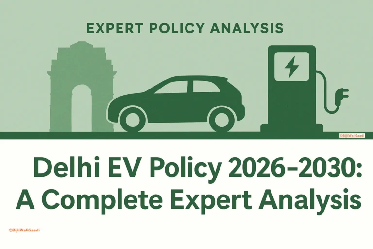 Illustration of Delhi EV Policy 2026–2030 showing an electric car, EV charging station, and India Gate symbolising Delhi’s clean mobility transition