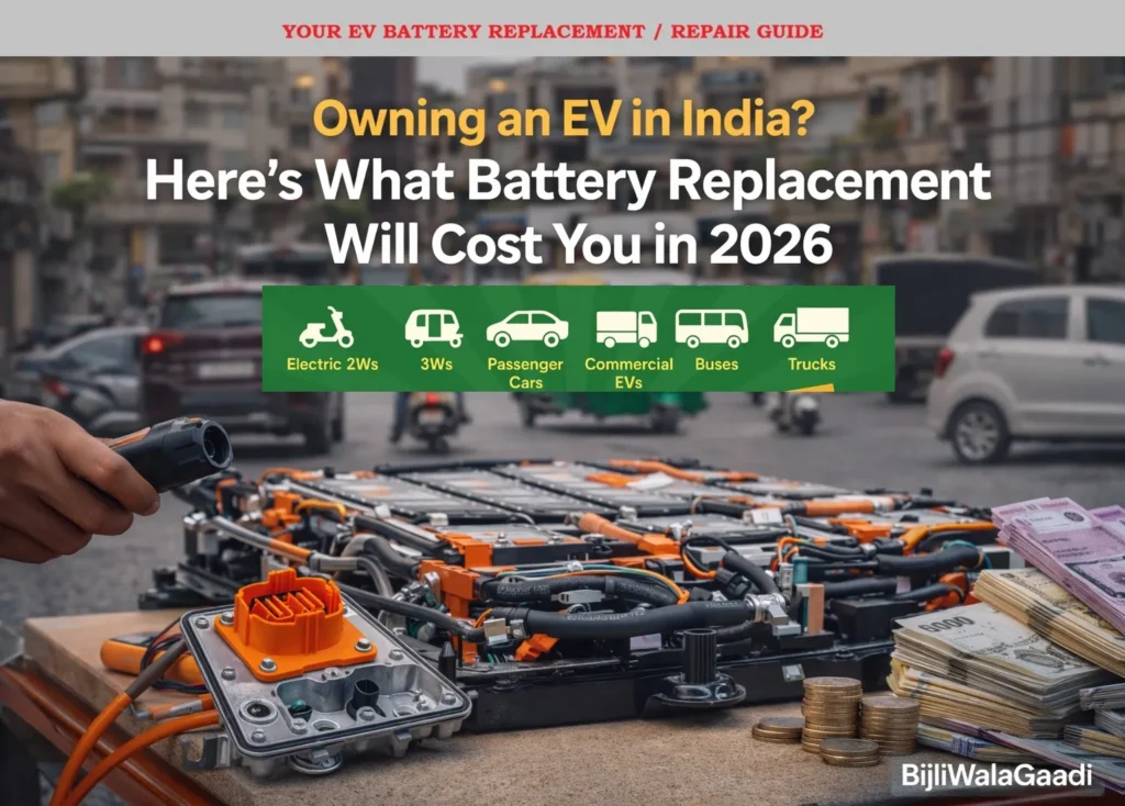 EV battery replacement cost in India 2026 showing electric vehicle battery pack, charging connector, and Indian currency representing price breakdown across EV segments