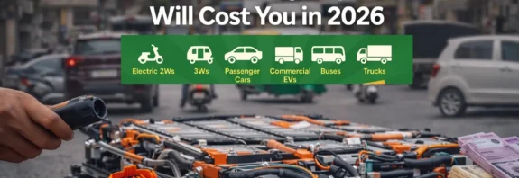 EV battery replacement cost in India 2026 showing electric vehicle battery pack, charging connector, and Indian currency representing price breakdown across EV segments