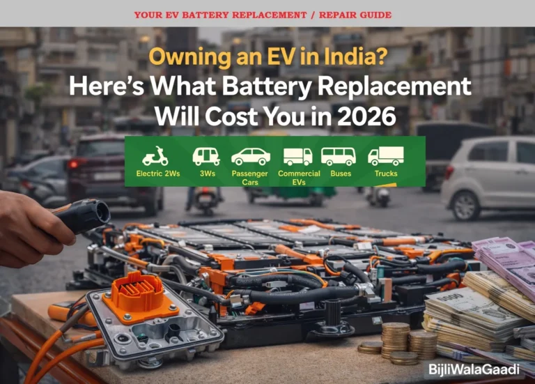 EV battery replacement cost in India 2026 showing electric vehicle battery pack, charging connector, and Indian currency representing price breakdown across EV segments