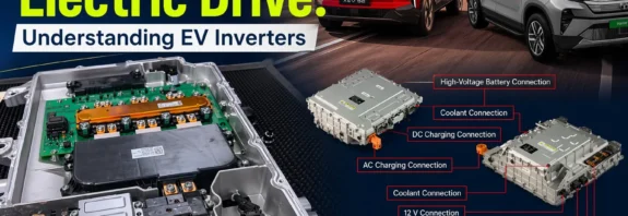 Featured image showing EV inverter explained with Mahindra XEV 9e, Tata Harrier EV and detailed electric vehicle inverter components diagram