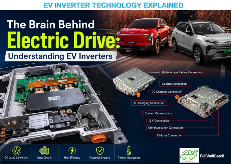 Featured image showing EV inverter explained with Mahindra XEV 9e, Tata Harrier EV and detailed electric vehicle inverter components diagram