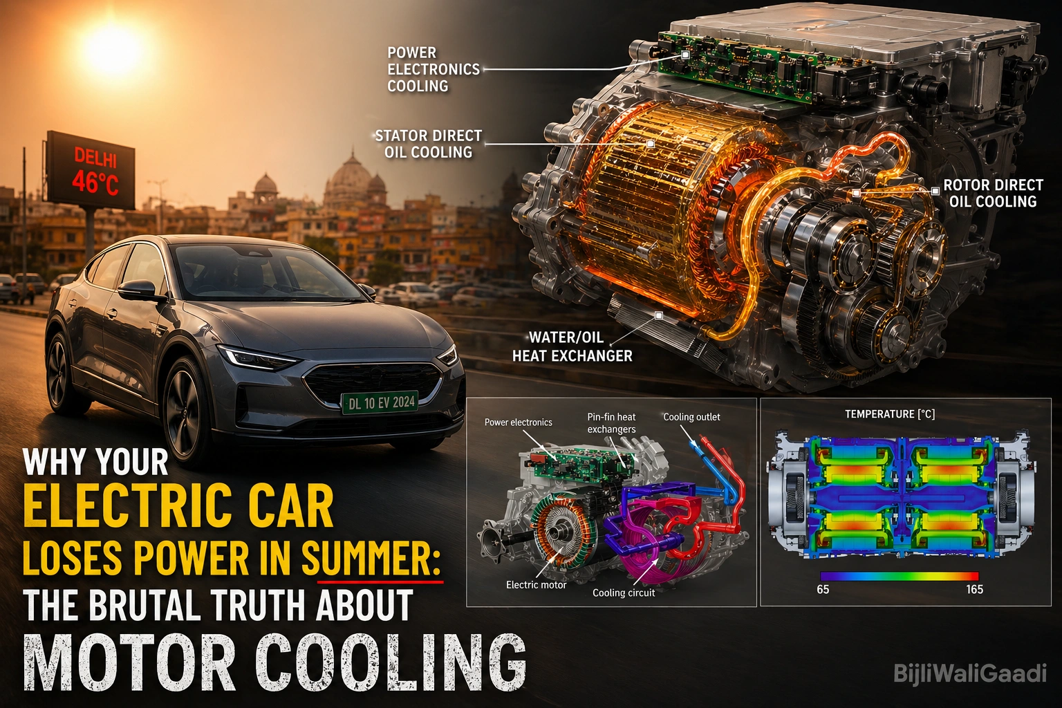 Electric car losing power in extreme Indian summer heat showing EV motor cooling system with stator and rotor oil cooling, heat exchanger and thermal temperature map