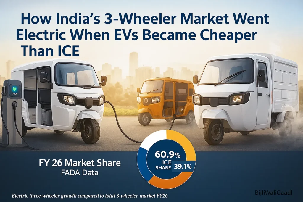 Electric three‑wheelers accounted for 60.9% of India’s total three‑wheeler retail in FY’26, driven by lower operating costs compared to ICE vehicles.