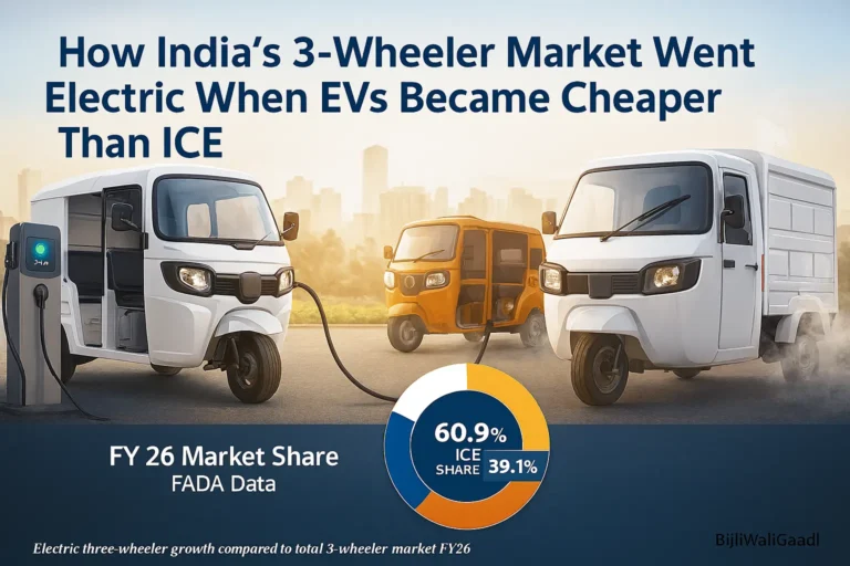 Electric vs ICE market share in India’s three‑wheeler segment showing 60.9% EV adoption in FY26