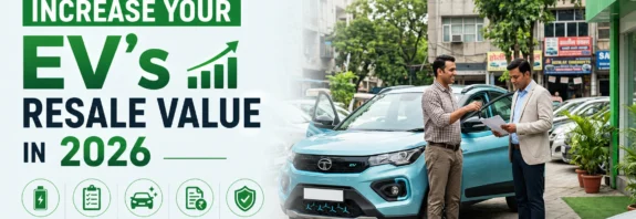 Electric vehicle parked on an Indian city street with two people reviewing paperwork, alongside text highlighting tips like battery health, regular maintenance, and service records to boost EV resale value.