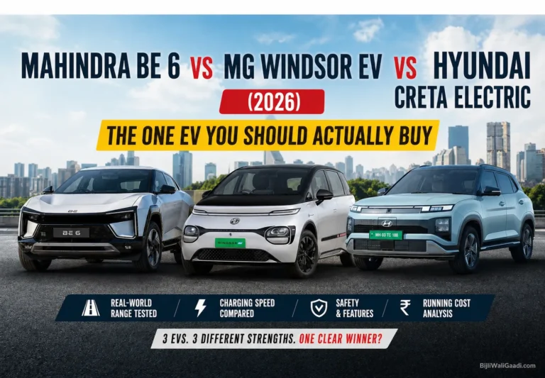 Mahindra BE 6 vs MG Windsor EV vs Hyundai Creta Electric 2026 featured image showing three electric SUVs in India for mid-size EV comparison and real-world range analysis -by BijliWaliGaadi