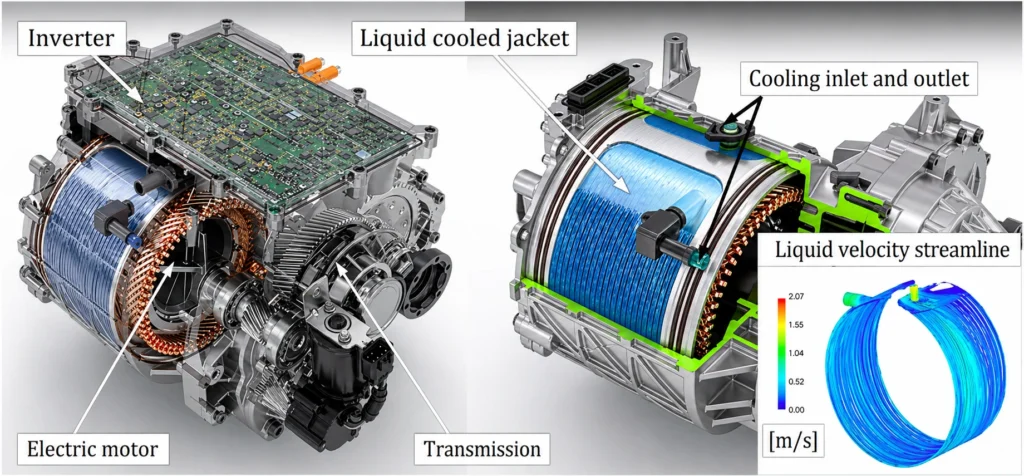 Liquid cooled jacket for the E-Motor cooling in an e-Axle.