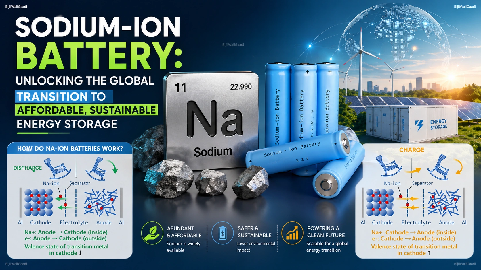 Sodium-ion battery infographic showing working principle, sodium element, battery cells, and sustainable energy storage concept. Na-ion Battery . Sodium-ion vs LFP cost comparison all details.