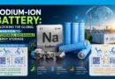 Sodium-ion battery infographic showing working principle, sodium element, battery cells, and sustainable energy storage concept
