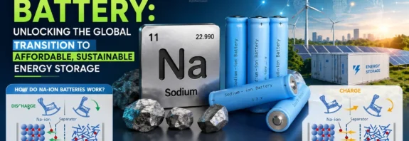 Sodium-ion battery infographic showing working principle, sodium element, battery cells, and sustainable energy storage concept