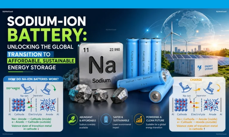 Sodium-ion battery infographic showing working principle, sodium element, battery cells, and sustainable energy storage concept