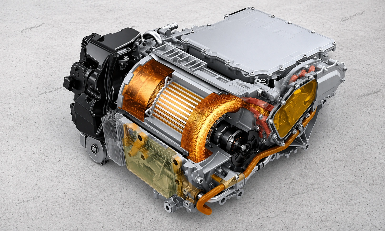 A technical illustration of Porsche's direct oil cooling architecture. By routing coolant through grooves in the stator rather than a surrounding jacket, the system reduces heat at the source, allowing for a design that is 50% more compact than traditional setups.