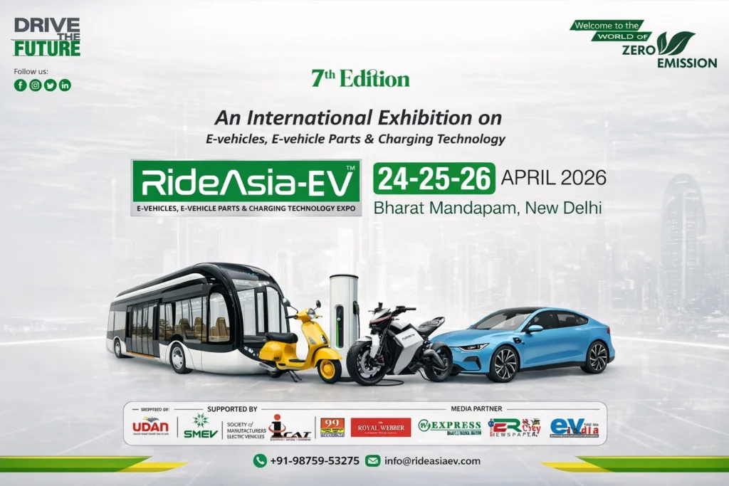 RideAsia EV 2026 7th Edition electric vehicle expo banner showing EV bus, scooter, bike and car with event dates 24–26 April at Bharat Mandapam New Delhi