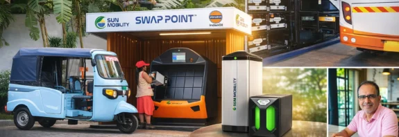 SUN Mobility battery swapping station with electric auto rickshaw supporting India’s green mobility mission