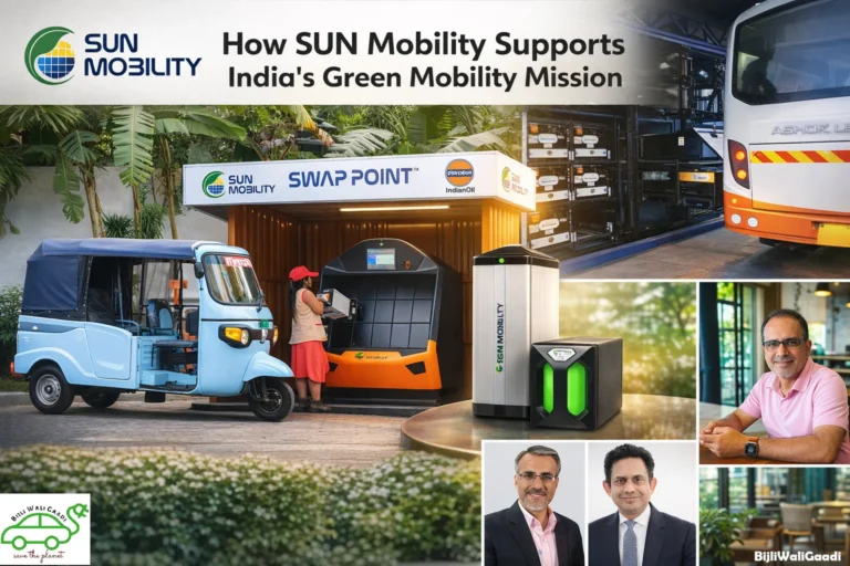 SUN Mobility battery swapping station with electric auto rickshaw supporting India’s green mobility mission