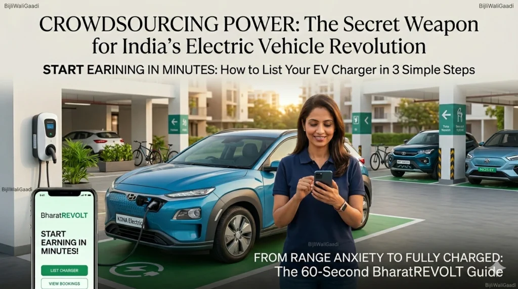 A woman in an apartment parking lot uses the BharatREVOLT app to list her home EV charger for peer-to-peer charging. A blue Hyundai Kona Electric is plugged in nearby. Text overlay: 'Crowdsourcing Power: The Secret Weapon for India’s Electric Vehicle Revolution.