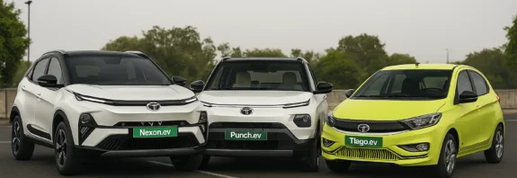 Tata Nexon EV vs Punch EV vs Tiago EV comparison showing price, real‑world range, charging speed and safety features in India (2026)