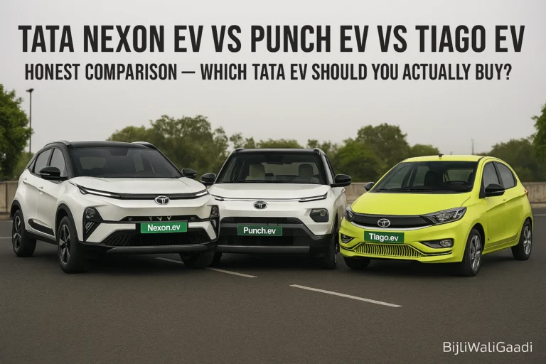 Tata Nexon EV vs Punch EV vs Tiago EV comparison showing price, real‑world range, charging speed and safety features in India (2026)