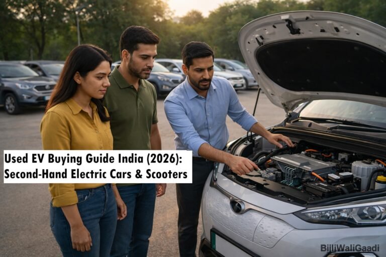 Family inspecting a used electric car with a dealer in India, illustrating key steps from a 2026 used EV buying guide including inspection, battery check, and smart purchase decisions
