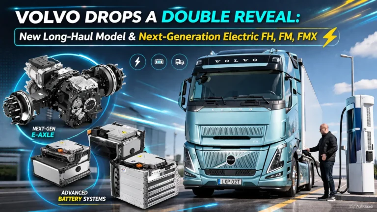 Volvo electric truck charging with next-generation FH alongside advanced e-axle drivetrain and battery systems in a high-tech promotional layout