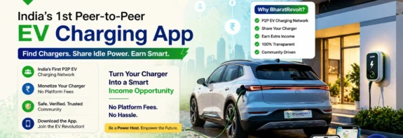Featured image of BharatREVOLT India’s first peer-to-peer EV charging app showing EV charging network, smart income opportunity, charger sharing, and electric car charging at home.